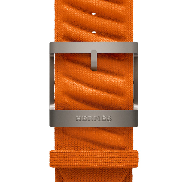 Apple Watch Hermès Ultra 3 En Mer strap, orange colour, natural colour hardware, Hermès logo engraved on buckle