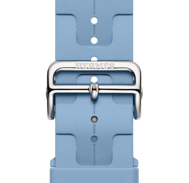 Apple Watch Hermès Series 11 Kilim strap, bleu pastel colour, Hermès logo engraved on silver buckle
