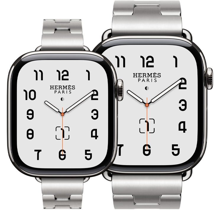 Two Apple Watch Hermès Series 11 devices, titanium cases,  silver color, satiné color Grand H Fin and Grand H bands