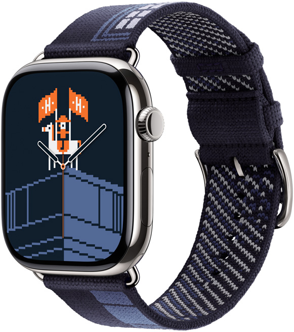 Apple Watch Hermès Series 11, titanium case, silver colour, Faubourg Party watch face and band