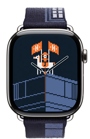 Apple Watch Hermès Series 11, titanium case, silver colour, Faubourg Party band and watch face