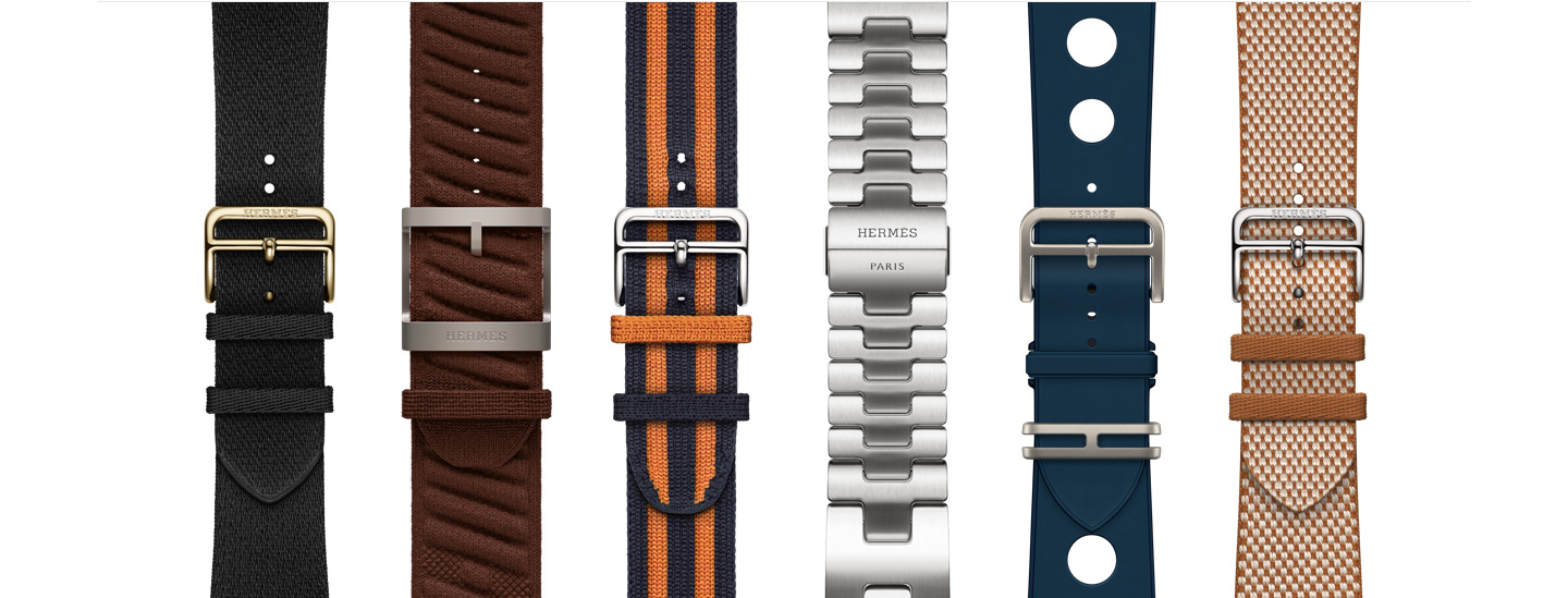 Six bracelets Apple Watch Hermès dans différents styles et coloris