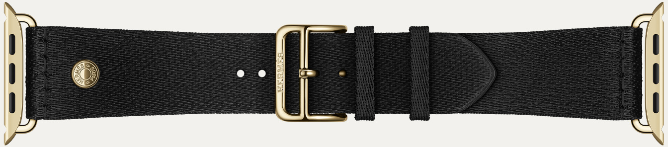 Bracelet Clou de Selle Satin Noir pour Apple Watch Hermès Series 12, tissu satiné noir avec attaches or brillant