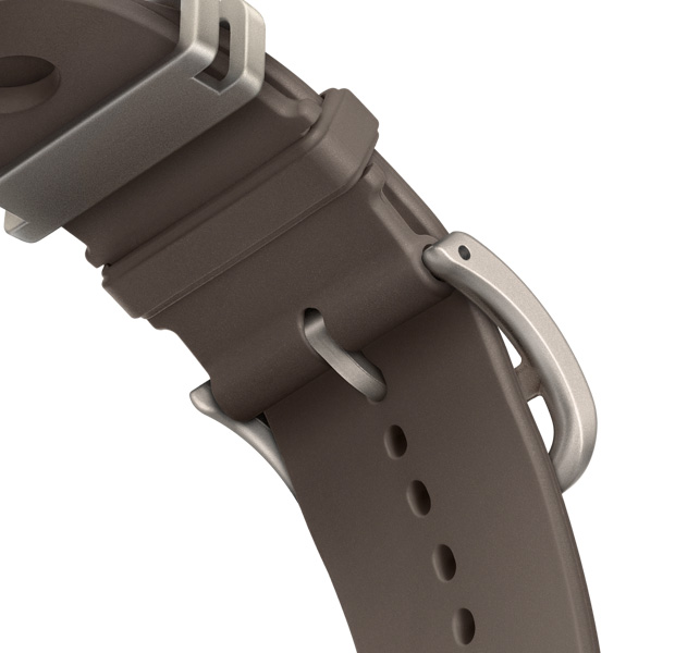 Bracelet Scub’H Diving pour Apple Watch Hermès Ultra 4, Gris Titane, fermoir vu du dessous, caoutchouc moulé lisse, découpes circulaires centrées