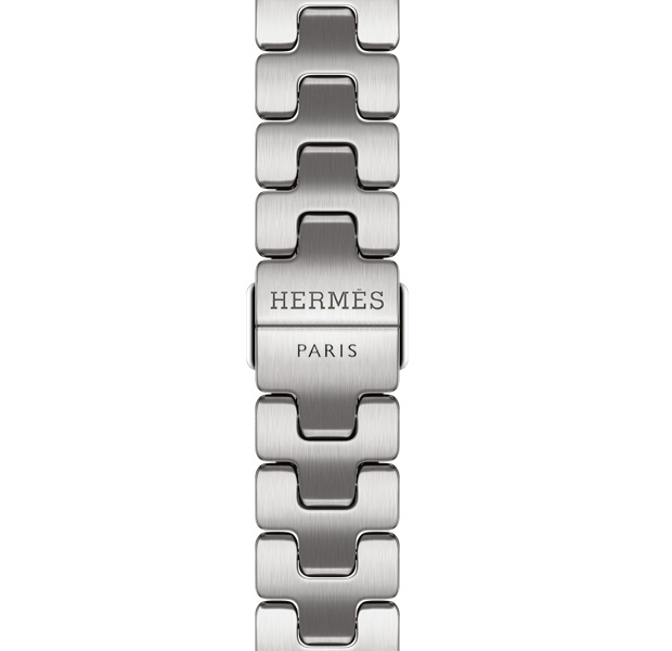 Satiné 緞灰色 Apple Watch Hermès Series 12 Grand H Fin 錶鏈帶,錶釦上鐫刻 Hermès 標誌
