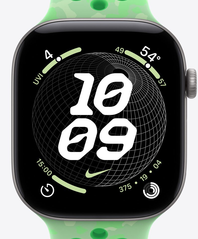 Nike Globe Zifferblatt, Uhrzeit, Nike Swoosh Logo, Komplikationen: UV Index, Wetter, Timer, Aktivitätsringe