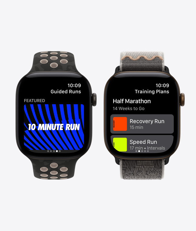 Apple Watch Series 12 devices, screens show Nike Run Club app, Guided Runs, Training Plans features, aluminum cases, black color, connected to Nike Sport Band, after dark black color, Nike Sport Loop, after dark black color