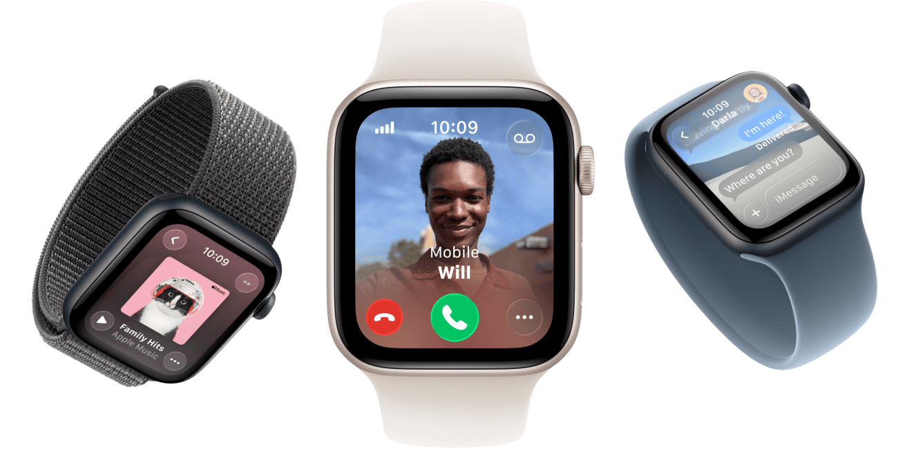 Apple Watch SE 3-enheter med urkasser av aluminium i stjerneskinn og midnatt, flettet Solo Loop i gurkemeie, Solo Loop i neongul og Solo Loop i mørk grå. Skjermene viser Apple Pay, Kontrollsenter og Apple Music.