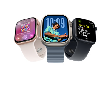 Three Apple Watch devices: Apple Watch Series 11, rose gold colour, aluminium case, Apple Music, playlist controls, right side exterior, Digital Crown, light blush colour Sport Band, silver pin-and-tuck closure, Apple Watch Ultra 3, natural colour, titanium case, edge-to-edge display, photo overlaid on time, right side exterior, Digital Crown, anchor blue colour Ocean Band, tubular fluoroelastomer rubber, Apple Watch SE 3, aluminium case, midnight colour, right side exterior, Digital Crown, advanced Outdoor Run workout metrics