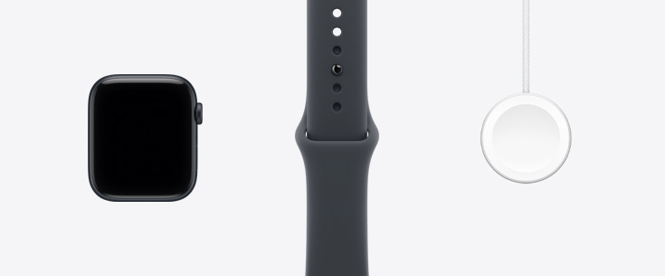 „Apple Watch SE 3“, aliuminio korpusas, vidurnakčio spalva, priekinės pusės išorinė dalis, ekranas nuo krašto iki krašto, vidurnakčio spalvos sportinis dirželis, „Apple Watch“ magnetinio sparčiojo įkroviklio į USB‑C laidas