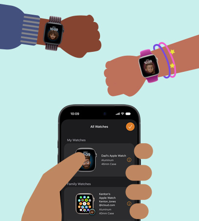 Apple Watch pour vos enfants, illustration de poignets d’enfants portant une Apple Watch SE 3 jumelée à un iPhone dans la main du parent