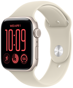 Apple Watch SE 3, aluminum case, starlight color, right side exterior, Digital Crown dial, microphone, side button, connected to Sport Band, sand color (pale tan), pin-and-tuck closure (silver pin)