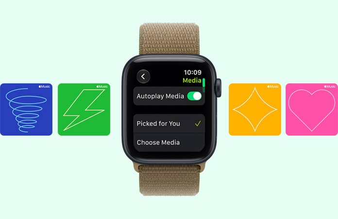 Apple Watch SE 3, aluminum case, midnight color, screen shows Media Player, right side exterior, Digital Crown dial, Sport Loop band, olive color (earthy green), background Apple Music graphic cards: whirlwind, lightning, diamond and heart illustrations