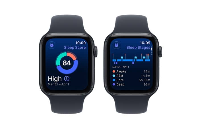 Apple Watch SE 3 devices, aluminum cases, midnight color, screens show sleep score, sleep stages, right side exterior, Digital Crown dials, Sport Bands, navy blue color
