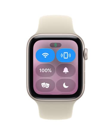 Apple Watch SE 3, aluminum case, starlight color, screen shows Control Center, ping iPhone icon, right side exterior, Digital Crown dial, Sport Band, pale succulent color (light yellow-green)