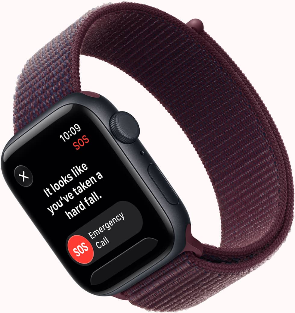 Apple Watch SE 3, screen shows SOS Fall Detection notification, emergency call button, aluminum case, midnight color, connected to Sport Loop band, burgundy color