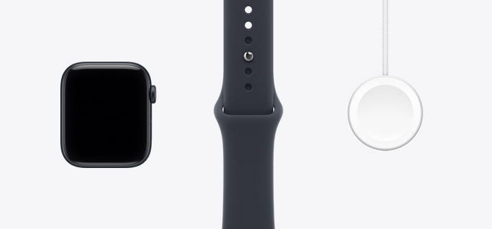 Apple Watch SE 3, aluminium case, midnight colour, front exterior, edge-to-edge display, midnight colour Sport Band, Apple Watch Magnetic Fast Charger to USB-C Cable