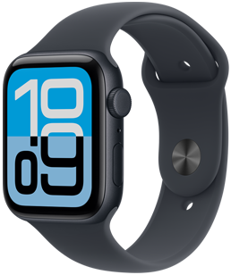 Apple Watch SE 3 z kopertą z aluminium w kolorze północy, tarcza Flux, prawa strona obudowy: pokrętło Digital Crown, mikrofon, przycisk boczny, z paskiem sportowym w kolorze północy, zamknięcie z napą i szlufką w kolorze srebrnym