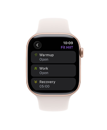 Apple Watch Series 11, kleur goud, kast van titanium, Work-out-app, kaart Aangepaste work-outs, bandje, rosé sportbandje