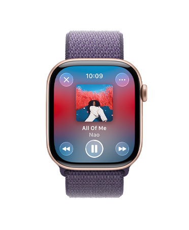 Apple Watch Series 11, kleur roségoud, kast van aluminium, Apple Music-regelaars, work-outafspeellijst, rechterkant, Digital Crown, bandje, zachtpaars geweven sportbandje