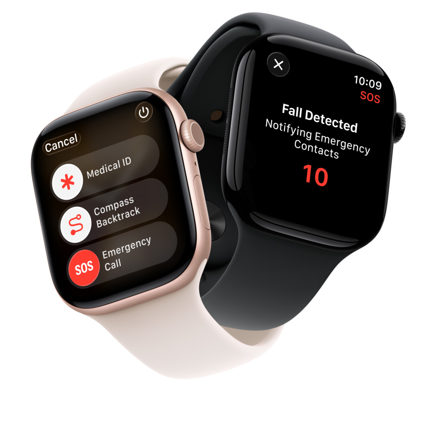 Urządzenia Apple Watch Series 11 z kopertami z aluminium w kolorach polerowanego onyksu i różowego złota z paskami sportowymi w kolorach łagodnego różu i czarnym. Na wyświetlaczu widać: kartę medyczną, funkcję Ślad w apce Kompas i połączenie alarmowe