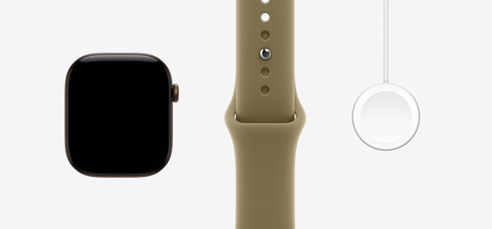 Apple Watch Series 12, aluminium case, dark bronze colour, front exterior, edge-to-edge display, olive Sport Band, Apple Watch Magnetic Fast Charger to USB‑C Cable