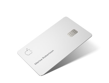 Apple Card, front, Apple logo in top left, cardholder name in middle left Marisa Robertson, card chip in middle right