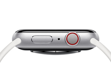 Apple Watch, silver colour, right side exterior, side button, microphone hole, Digital Crown