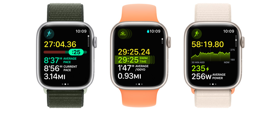 A picture of three Apple Watches. Each has different metrics and workout views on it.