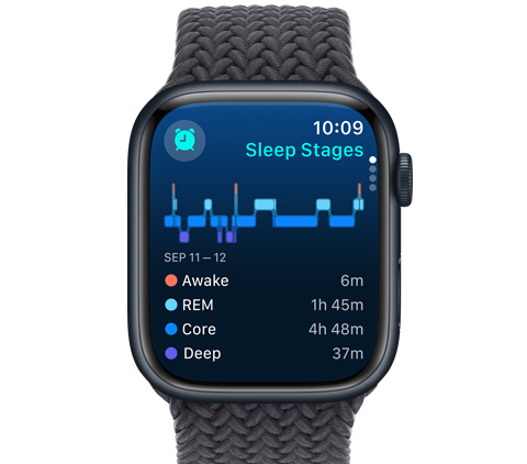 Pohled zepředu na Apple Watch se zobrazenými fázemi spánku.