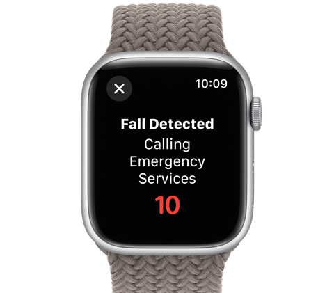 Apple Watch 的正面圖，展示將於 10 秒內致電緊急服務的訊息。