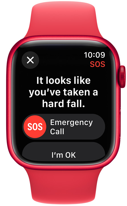 Pohled zepředu na Apple Watch s aktivovanou funkcí SOS.
