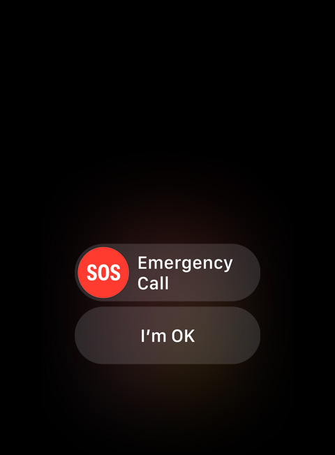 圖片展示緊急求助 SOS 功能，正為某人提供「致電緊急服務」或「我沒事」的選項。