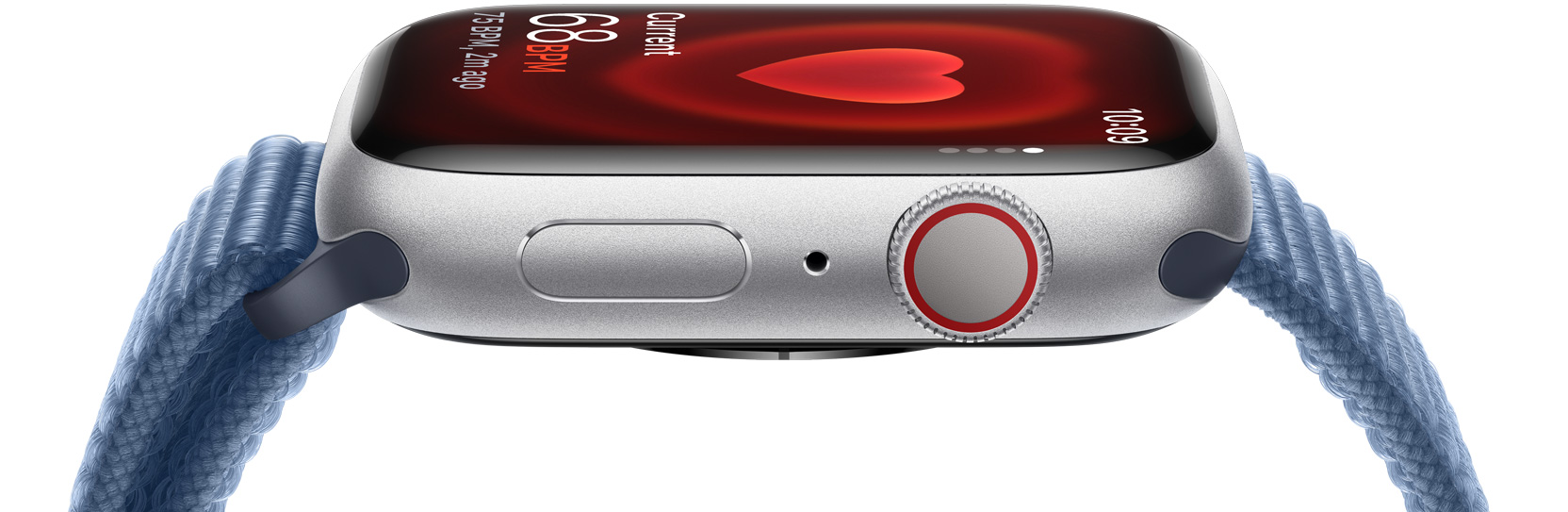 A side view of an Apple Watch demonstrating someone’s heart rate.