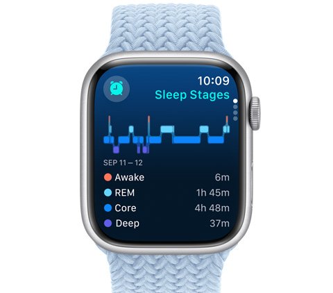 Vista frontal do Apple Watch a mostrar as fases de sono.