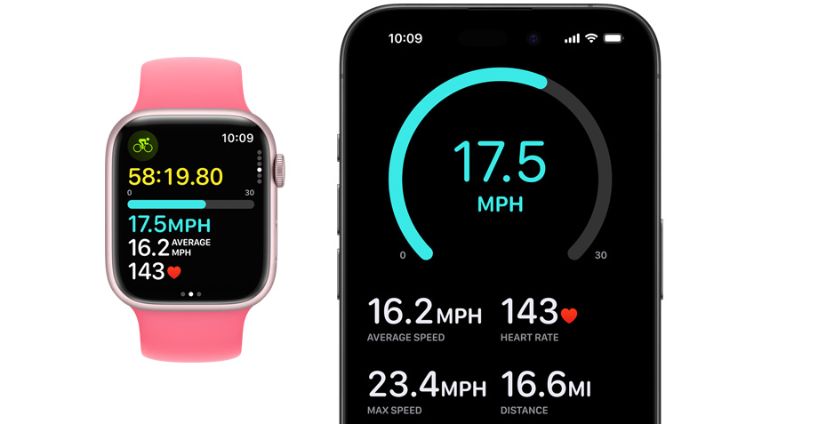 Вид спереду на Apple Watch та iPhone. Хтось розпочав тренування на годиннику, і відповідне вікно відобразилося на iPhone.