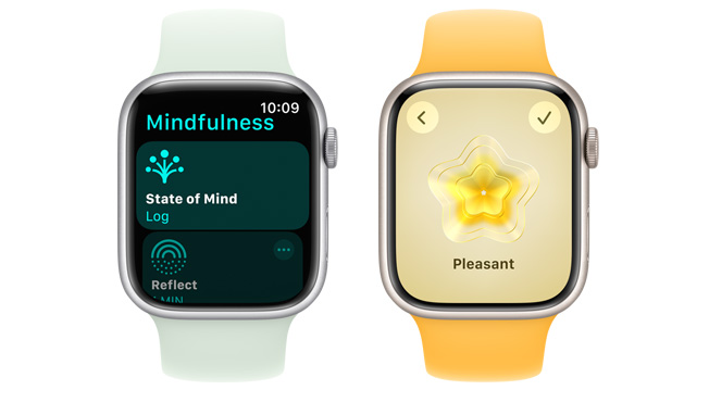 Вид спереду на Apple Watch із зображенням, на яке можна натиснути, щоб визначити й зафіксувати самопочуття.