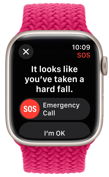 Μπροστινή όψη ενός Apple Watch με ενεργοποιημένη τη λειτουργία SOS.