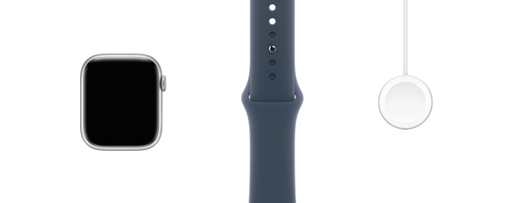 Lined up in a row: front view of Apple Watch Series 9 hardware, a storm blue sport band and Magnetic Fast Charger to USB-C Cable.