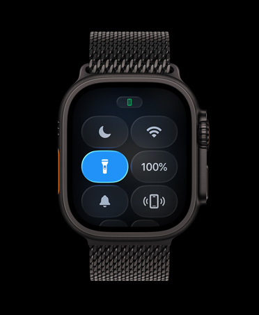 Apple Watch Ultra 3, natural color, titanium case, Control Center, Flashlight button, Titianium Milanese Loop, black color