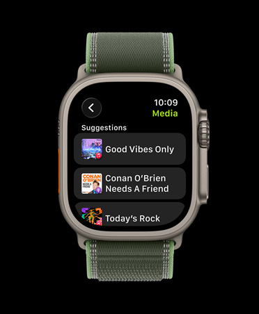 Apple Watch Ultra 3, titanium case, natural color, Apple Music, music and podcast suggestions, Trail Loop, green/neon color