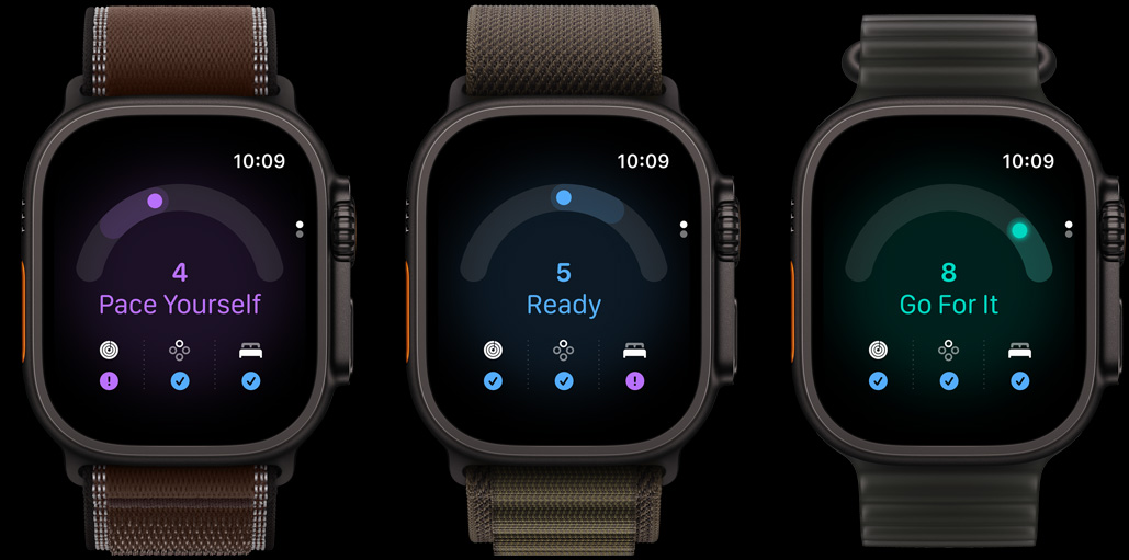 Three Apple Watch Ultra 4 devices: black titanium case, readiness score 4, dark umber Trail Loop strap, black titanium case, readiness score 5, dark olive Alpine Loop strap, black titanium case, readiness score 8, translucent black Ocean Band