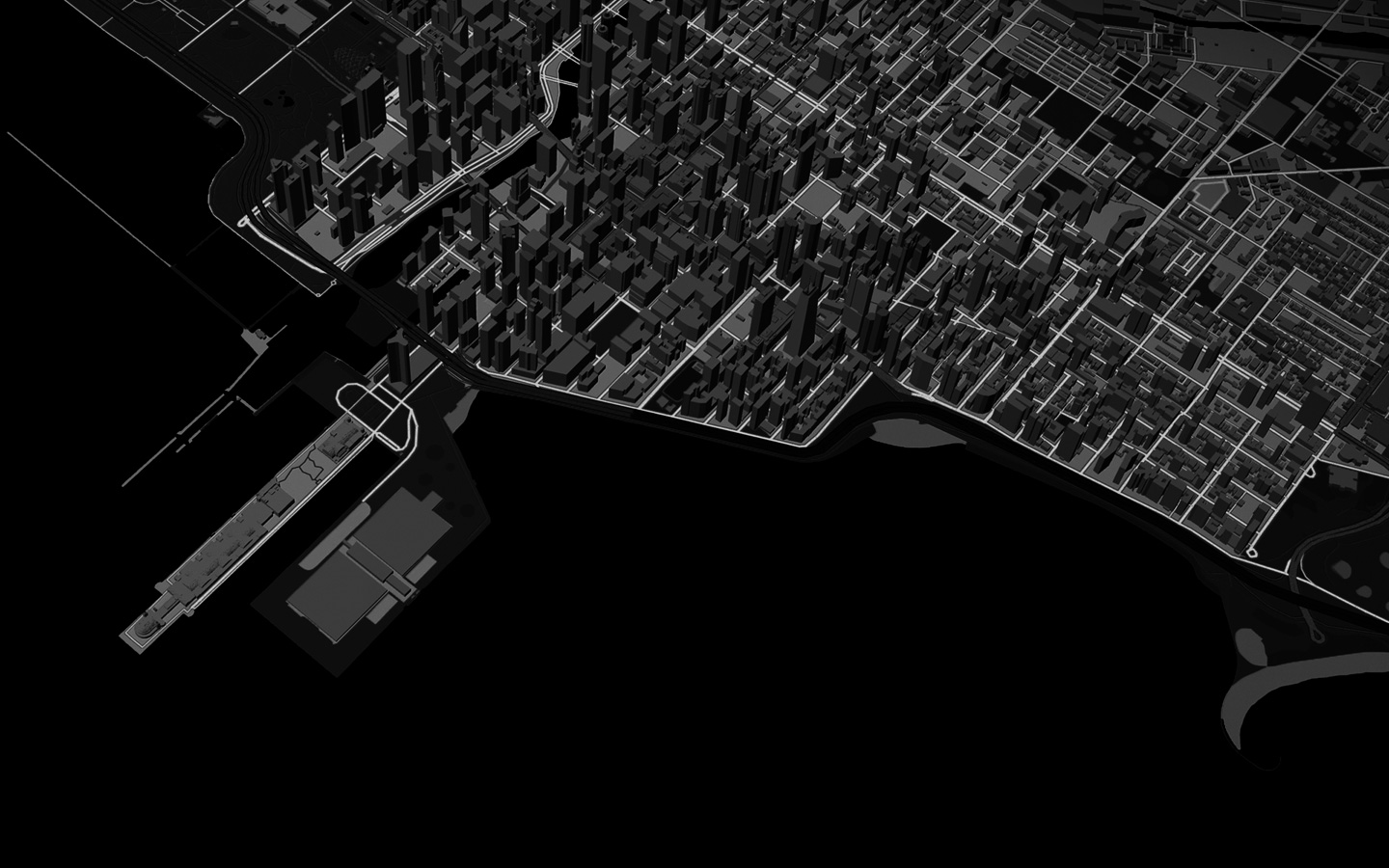 Animasi garis yang menunjukkan rute pelari melalui tampilan Peta 3D perkotaan