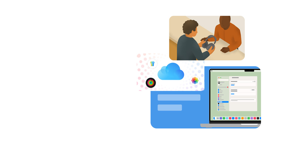 一幅別具風格的插圖，描繪一位 Apple 專家正手持顧客的耳筒。下方是一幅繪畫 MacBook 螢幕的插圖，展示系統設定的介面，周圍環繞著代表密碼、iCloud、健身記錄 app 和相片app 的圖像。