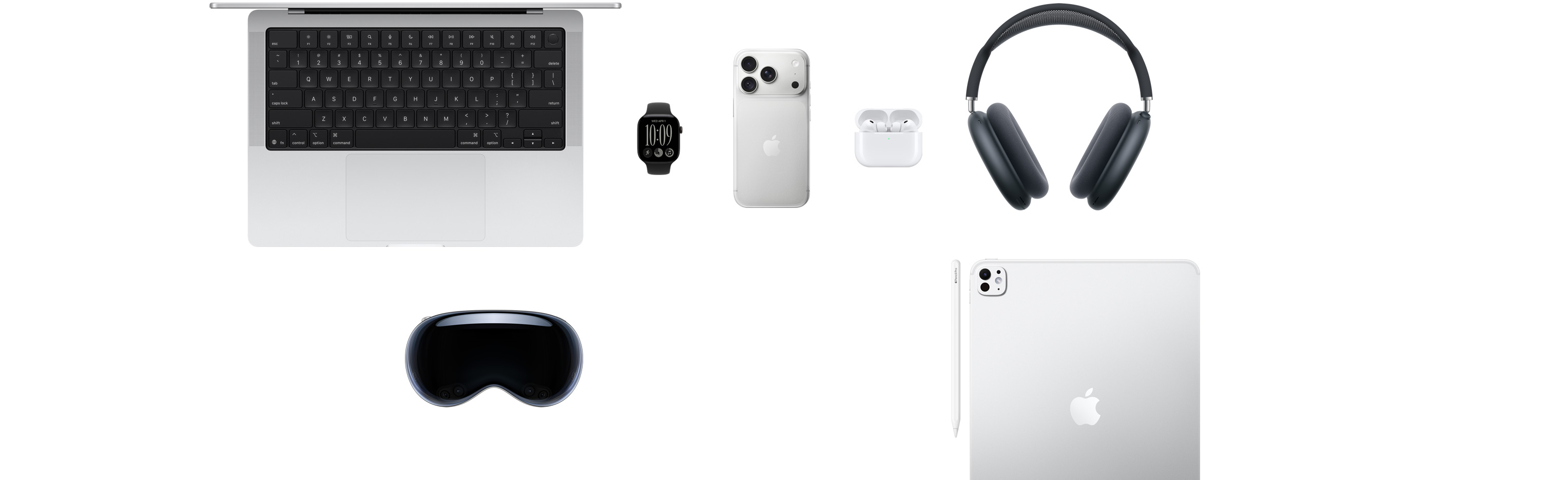Plusieurs produits Apple, dont un MacBook, une Apple Watch Series 11, un iPhone 17 Pro, des AirPods Pro 3, des AirPods Max, un Apple Vision Pro, un Apple Pencil Pro et un iPad Pro