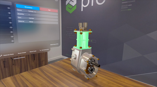 Eine 3D Projektion eines CAD-Modells einer Maschine und Informationen über die Maschine, projiziert in einen Büroraum