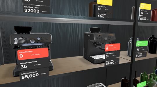 Eine 3D Projektion von Verkaufsregalen mit verschiedenen Produkten, einschließlich Überlagerungen mit Bestandsinformationen