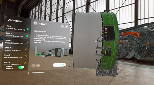 Eine 3D Projektion eines Düsentriebwerks in einem industriellen Raum mit einer Reihe von Schritt-für-Schritt-Arbeitsanweisungen in einem schwebenden Fenster