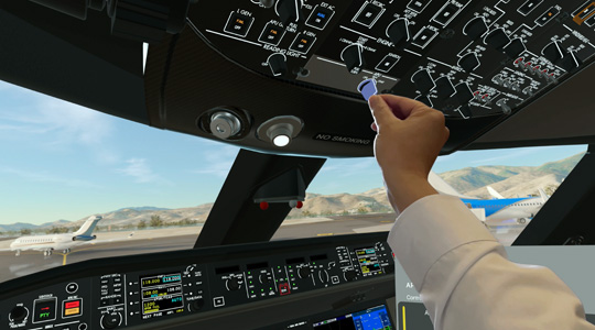 Die Hand einer Person stellt einen Drehknopf in einer 3D Projektion des Cockpits eines Flugzeugs ein
