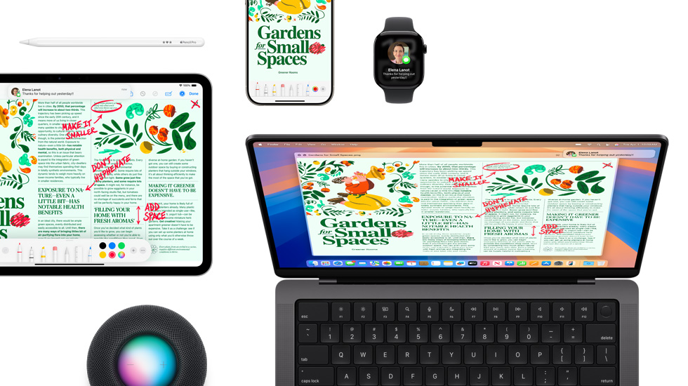 A suite of devices, including an iPad, iPhone, Watch and Mac, all featuring the same content.